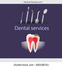 Medical dental background. Teeth, dentist tools and instruments. Vector illustration