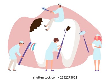 Atención odontológica médica, diminuto personaje odontólogo grupo terapéutico de personas que tratan juntos la ilustración vectorial plana dental, aislada en blanco.