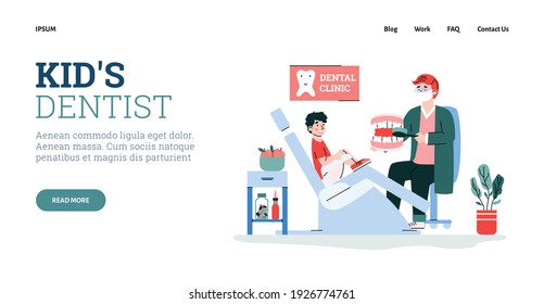 Medical dental clinic with kid patient and doctor dentist showing how brush teeth properly. Concept of tooth hygiene, stomatology and health care. Vector landing page template.