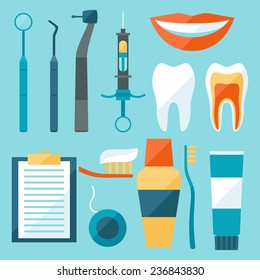 Medical dental equipment icons set in flat style.