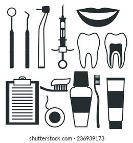 Medical dental equipment icons set in flat style.