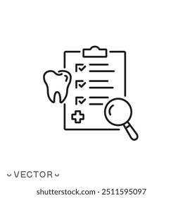 medical dental examination icon, check health of teeth, oral diagnosis concept, thin line symbol isolated on white background, editable stroke eps 10 vector illustration