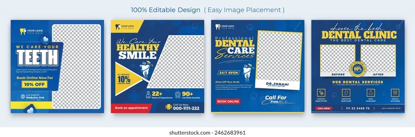 Medical dental healthcare social media post template. Modern banner design with blue color and place for the photo. Suitable for social media, websites, flyers, and banners.