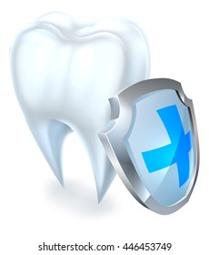 A medical dental illustration of a tooth  being protected by a shield icon