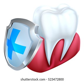 A medical dental illustration of a tooth and gum being protected by a shield 