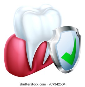 A medical dental illustration of a tooth and gum being protected shield icon