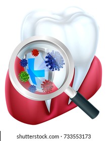 A medical dental illustration of a tooth and gum being protected from bacteria by a shield viewed through a magnifying glass