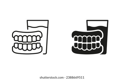 Medical Dental Prosthetic Silhouette and Line Icon Set. Denture with Glass of Water. Human False Tooth Pictogram. Artificial Tooth, Dental Treatment Symbol Collection. Isolated Vector Illustration.