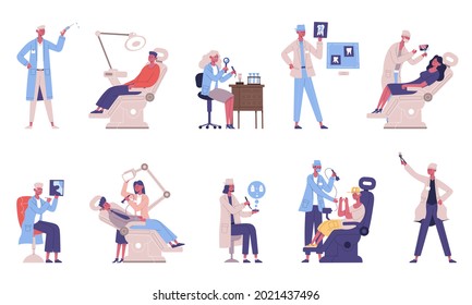 Medical dental teeth checkup doctor and patient characters. Dentist checking teeth, medical dentists examines patient vector illustration set. Oral hygiene and dental care. Specialist with equipment