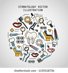Medical dental vector icon set. Special medical objects and equipment related to tooth research and diagnostics.