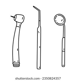 Herramientas odontológicas médicas aisladas en fondo blanco.  Sonda dental, espejo de inspección y taladro dental. Ilustración de vectores dibujada a mano en estilo doodle. Perfecto para el logotipo, varios diseños.