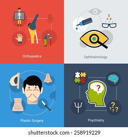 Medical design concept set with orthopedics ophthalmology plastic surgery psychiatry flat icons set isolated vector illustration