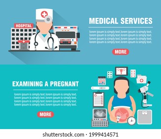 Medical design flat banners set. Medical services with hospital, ambulance and doctor icon. Examining a pregnant icon. Vector illustration