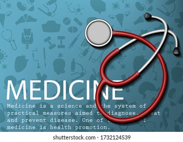 Medical design for the design of hospitals and sites. Medical equipment.
Red stethoscope or phonendoscope. Medical instrument. Stock vector.