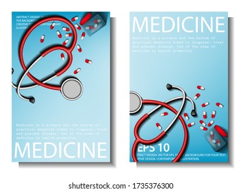 Medical design for the design of hospitals and sites. Medical equipment.
Red stethoscope or phonendoscope. A jar of spilled pills. Stock vector.