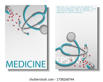 Medical design for the design of hospitals and sites. Medical equipment.
Red stethoscope or phonendoscope. A jar of spilled pills. Stock vector.
