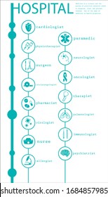 Medical design for the design of hospitals and sites. List of treating doctors, medical specialties. Medical icons. Stock vector.