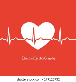 Medical design - white heart with cardiogram on red background