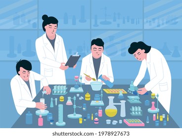 Medical development at the table of pharmaceuticals on a blue background flat vector illustration