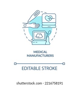 Medical Device Companies Turquoise Concept Icon. Equipment Industry. Health Sector Abstract Idea Thin Line Illustration. Isolated Outline Drawing. Editable Stroke. Arial, Myriad Pro-Bold Fonts Used