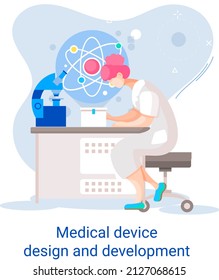 Banner de diseño y desarrollo de dispositivos médicos con científicos que desarrollan software de investigación y experimentos. Servicio de diagnóstico de laboratorio, laboratorios de clínicas de química, investigación farmacéutica de microbiología
