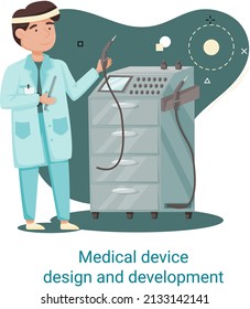 Medical device design and development banner with scientist develop research appliance, equipment and experiment. Laboratory diagnostic service, chemistry clinic laboratories, pharmaceutical research