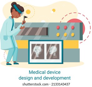 Medical device design and development banner with scientist develop research appliance, equipment for x-ray. Laboratory diagnostic service, chemistry clinic laboratories, pharmaceutical research