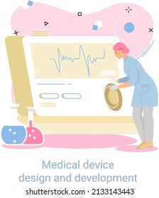 Medical device design and development banner with scientist develop research software and program. Laboratory diagnostic services, chemistry clinic laboratories, microbiology pharmaceutical research