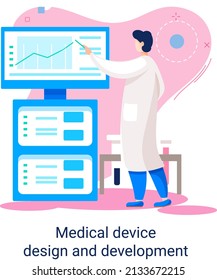 Banner de diseño y desarrollo de dispositivos médicos con científicos desarrollando software y programa de investigación. Servicios de diagnóstico de laboratorio, laboratorios de clínicas de química, investigaciones farmacéuticas de microbiología