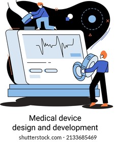 Medical device design and development banner with scientists develop research software and program. Laboratory diagnostic services, chemistry clinic laboratories, microbiology pharmaceutical research