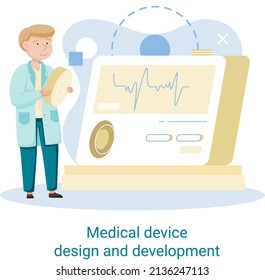 Medical device design and development banner with scientist develop research appliance, equipment and experiment. Laboratory diagnostic service, chemistry clinic laboratories, pharmaceutical research