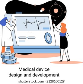 Medical device design and development metaphor with scientist develop research appliance, equipment and experiment. Laboratory diagnostic service chemistry clinic laboratories, pharmaceutical research