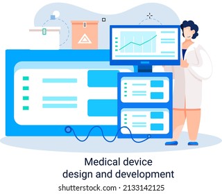 Medical device design and development metaphor with scientist develop research appliance, equipment and experiment. Laboratory diagnostic service chemistry clinic laboratories, pharmaceutical research