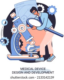 Medical device design and development metaphor with scientist develop research appliance, equipment and experiment. Laboratory diagnostic service chemistry clinic laboratories, pharmaceutical research