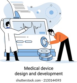 Medical device design and development metaphor with scientist develop research appliance, equipment and experiment. Laboratory diagnostic service chemistry clinic laboratories, pharmaceutical research