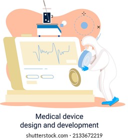 Medical device design and development metaphor with scientist develop research appliance, equipment and experiment. Laboratory diagnostic service chemistry clinic laboratories, pharmaceutical research