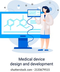 Medical device design and development metaphor with scientist develop research appliance, equipment and experiment. Laboratory diagnostic service chemistry clinic laboratories, pharmaceutical research