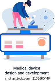 Medical device design and development metaphor with scientist develop research appliance, equipment and experiment. Laboratory diagnostic service chemistry clinic laboratories, pharmaceutical research