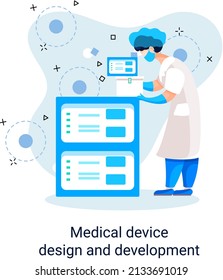 Medical device design and development metaphor with scientist develop research appliance, equipment and experiment. Laboratory diagnostic service chemistry clinic laboratories, pharmaceutical research