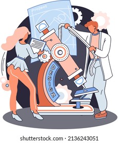 Medical device design and development metaphor with scientist develop research appliance, equipment and experiment. Laboratory diagnostic service chemistry clinic laboratories, pharmaceutical research