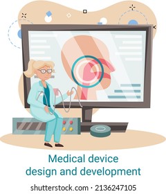Medical device design and development metaphor with scientist develop research appliance, equipment and experiment. Laboratory diagnostic service chemistry clinic laboratories, pharmaceutical research