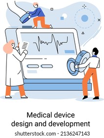 Medical device design and development metaphor with scientist develop research appliance, equipment and experiment. Laboratory diagnostic service chemistry clinic laboratories, pharmaceutical research