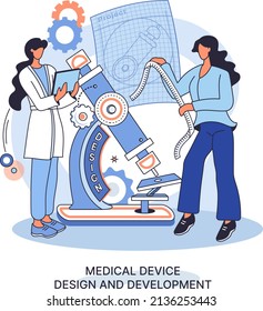 Medical device design and development metaphor with scientist develop research appliance, equipment and experiment. Laboratory diagnostic service chemistry clinic laboratories, pharmaceutical research