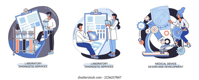 Medical device design and development metaphor with scientist develop research appliance, equipment and experiment. Laboratory diagnostic service chemistry clinic laboratories, pharmaceutical research