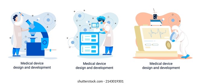 Medical device design and development metaphor with scientist develop research appliance, equipment and experiment. Laboratory diagnostic service chemistry clinic laboratories, pharmaceutical research