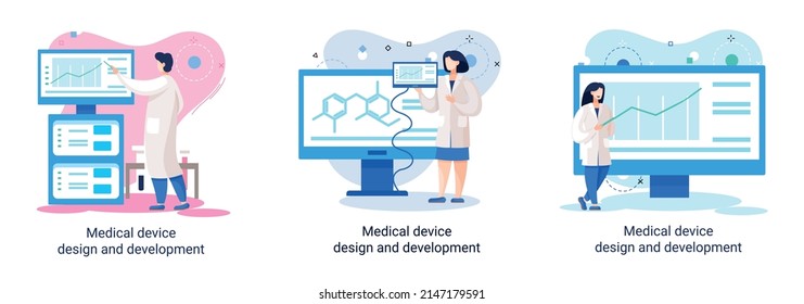 Medical device design and development metaphor with scientist develop research appliance, equipment and experiment. Laboratory diagnostic service chemistry clinic laboratories, pharmaceutical research