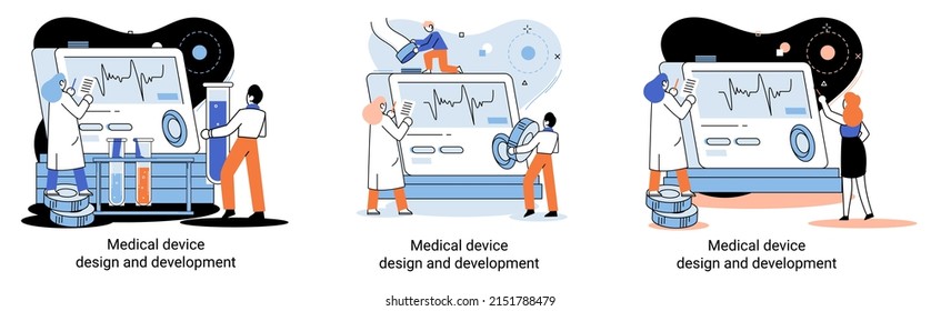 Medical device design and development metaphor with scientist develop research appliance, equipment and experiment. Laboratory diagnostic service chemistry clinic laboratories, pharmaceutical research