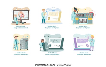 Medical device design and development metaphor with scientist develop research appliance, equipment and experiment. Laboratory diagnostic service chemistry clinic laboratories, pharmaceutical research