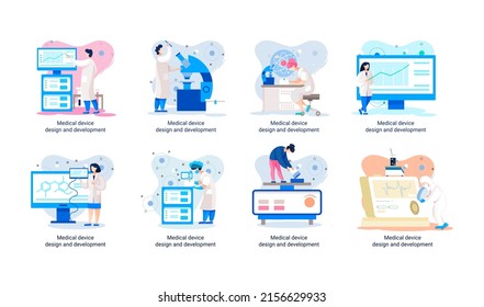 Medical device design and development metaphor with scientist develop research appliance, equipment and experiment. Laboratory diagnostic service chemistry clinic laboratories, pharmaceutical research