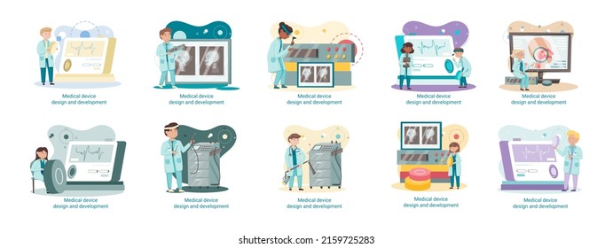 Medical device design and development metaphor with scientist develop research appliance, equipment and experiment. Laboratory diagnostic service chemistry clinic laboratories, pharmaceutical research